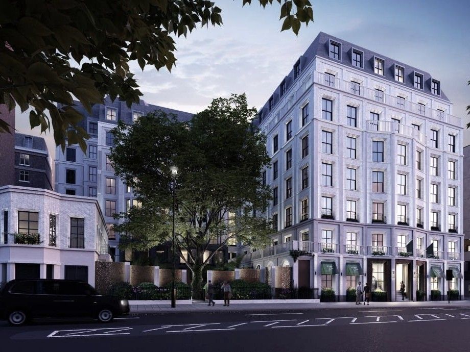Proposed hotel in Belgravia, London, seen from the street at dusk