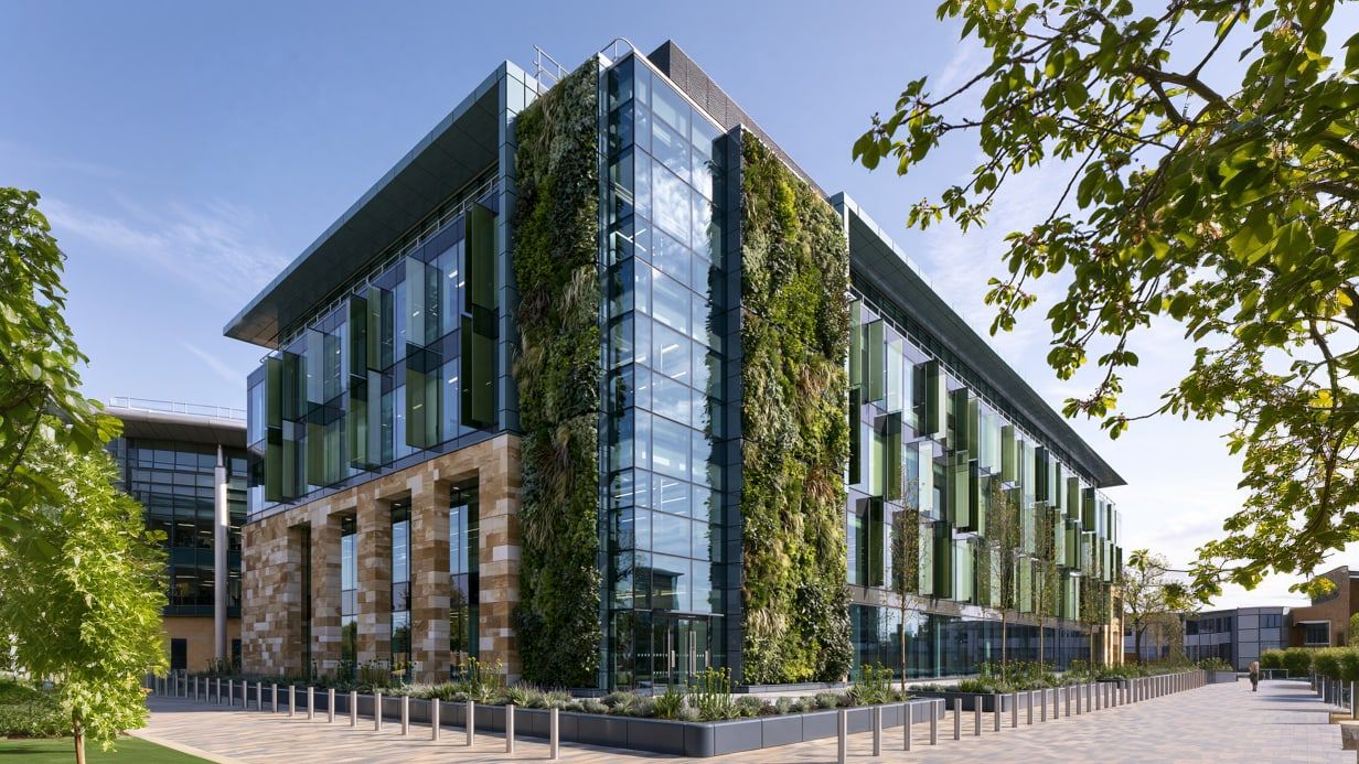 A low-rise office building with a full-height living green wall wrapping its corner, green-tinted solar shading fins and a landscaped public plaza in front
