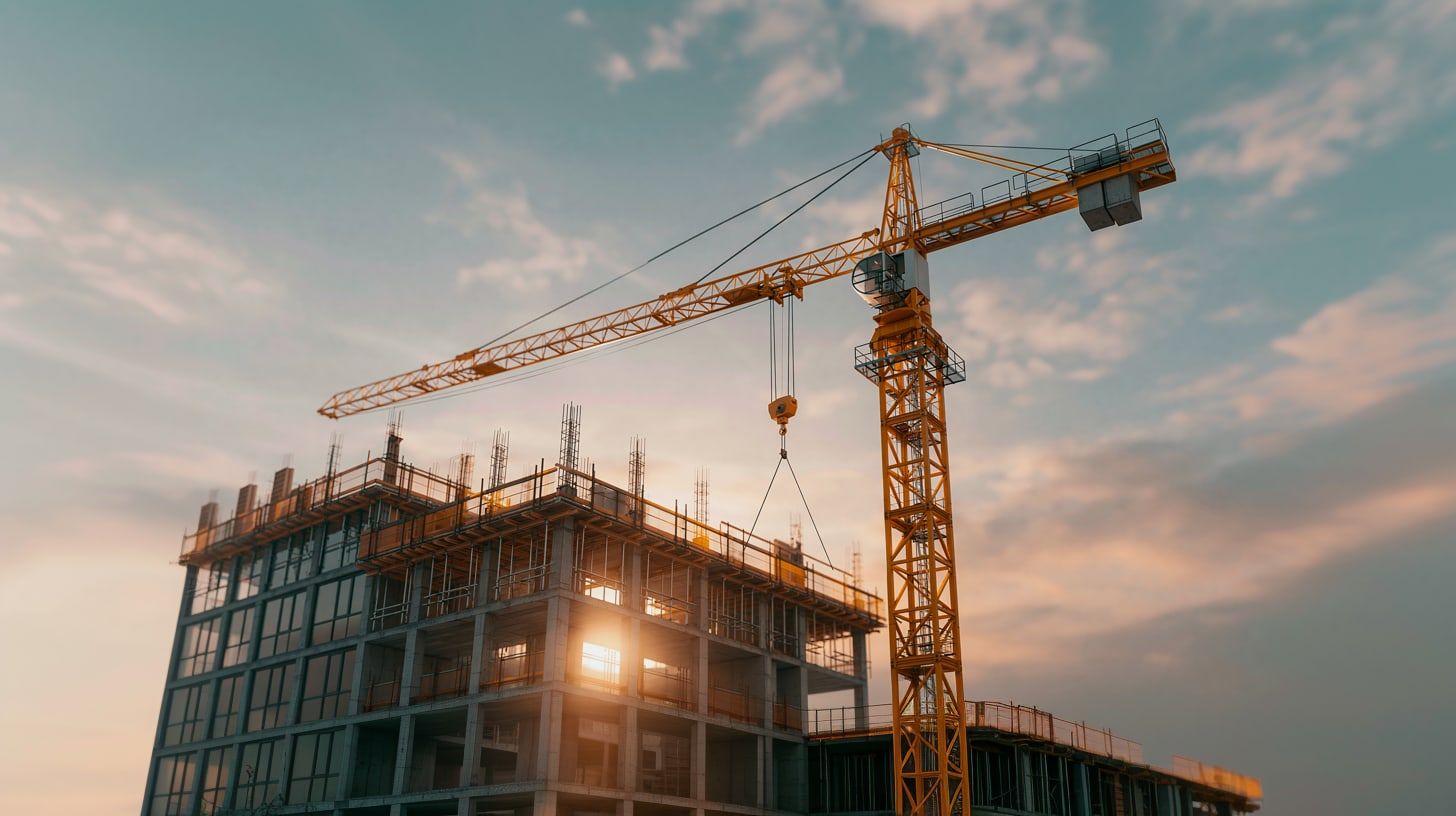 A tower crane above a part-built concrete frame at sunset, with reinforcement bars projecting from the top slab and the low sun breaking through the structure