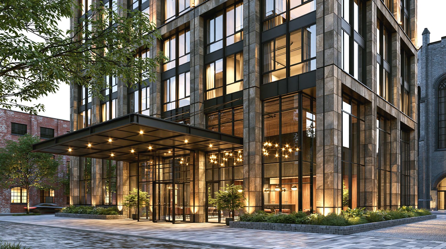 The entrance of a stone and bronze-clad apartment building at dusk, with a deep cantilevered canopy over the doors and a glazed double-height lobby lit by cluster pendants behind